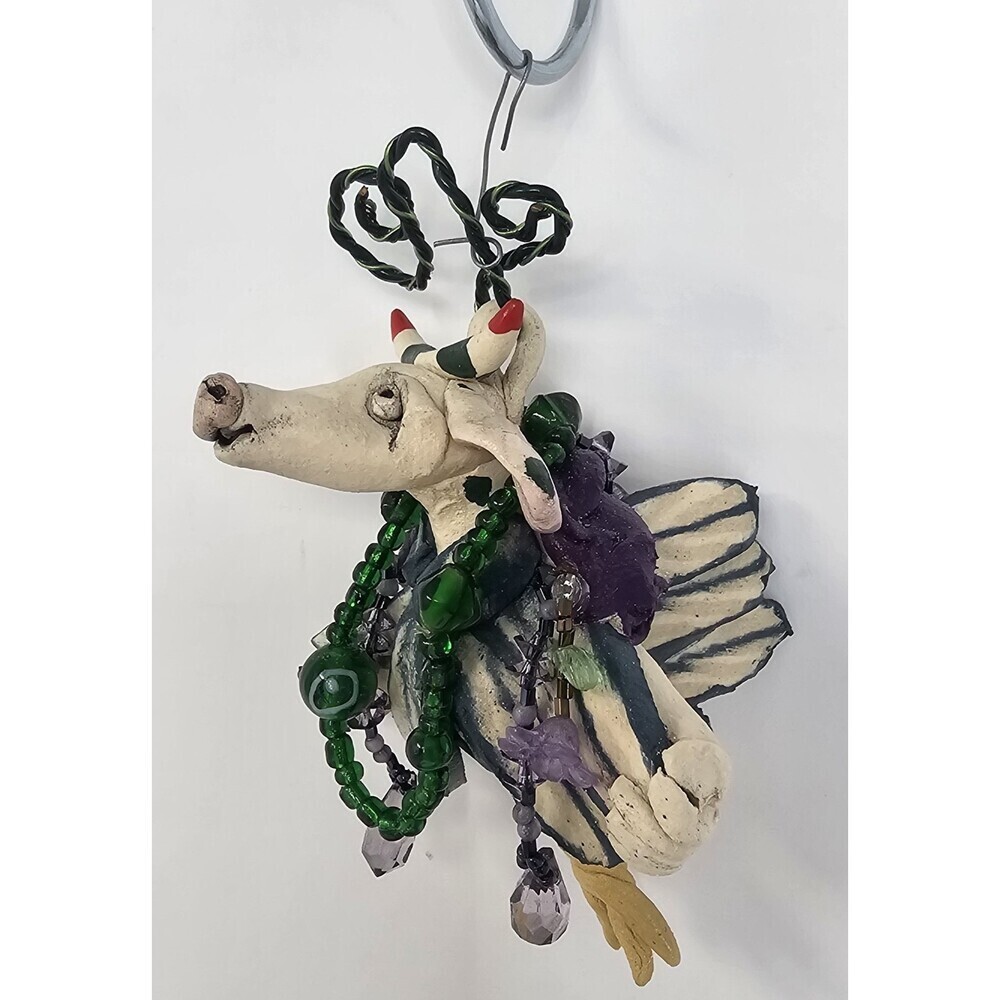 Vtg Handmade Pottery Art Whimsical Flying Bull Ornament By Claire Barr Wilson